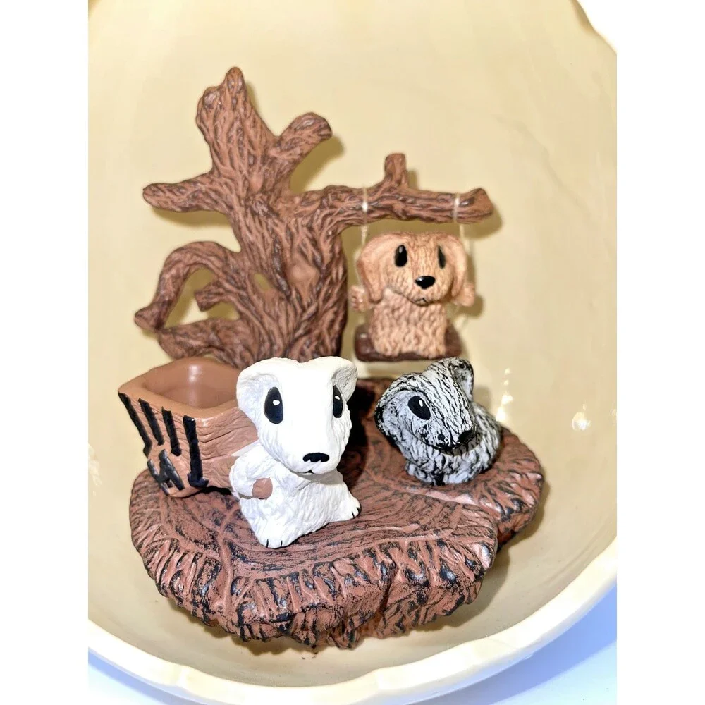 Vintage style ceramic egg diorama with woodland BUNNIES and tree swing, 7.5 inch